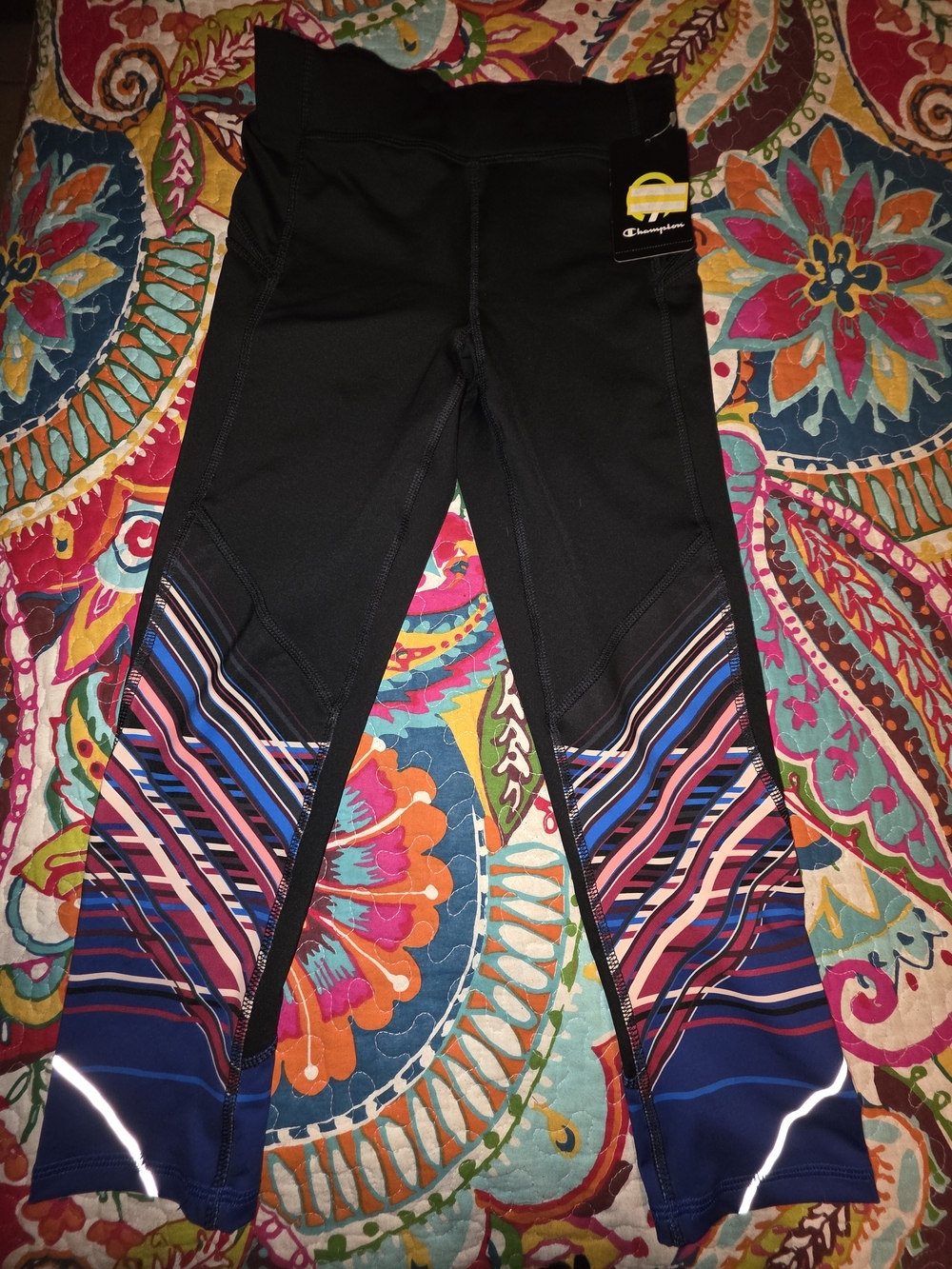 Champion Women Black Athletic Leggings with Blue & Pink Accent Panels